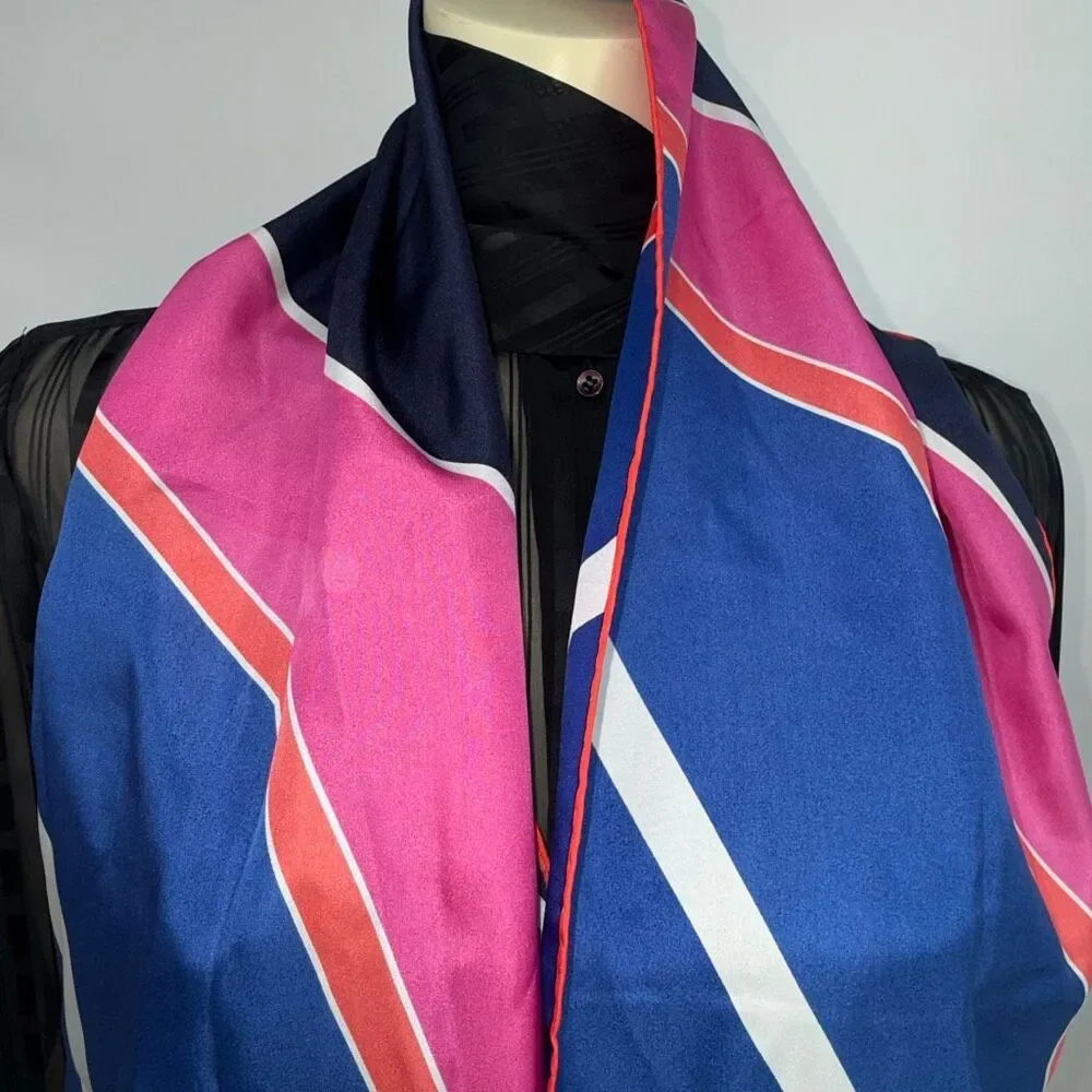 Vintage 80s Oblong Scarf 67x11 Pink Blue Red Stripe Colorblock Mod Long Neck Wra